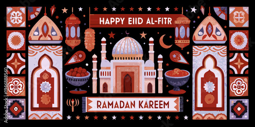 Festive eid al fitr illustration with traditional lanterns and a mosque