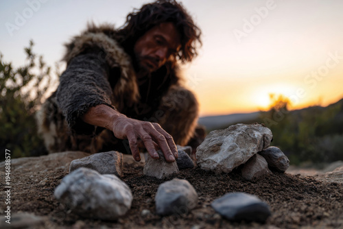 A man in primitive attire meticulously arranges stones during sunset, showcasing early human ingenuity and connection with nature in a serene landscape environment.