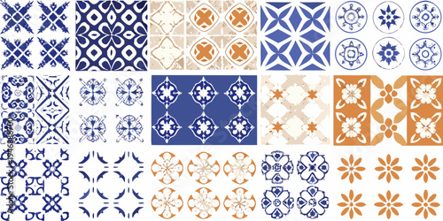 Collection of ornate blue and orange patterned tile designs arranged in a grid