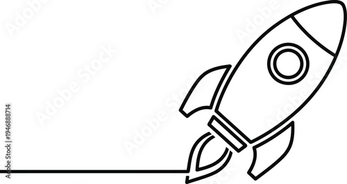 A black and white line drawing of a rocket ship taking off from a launchpad