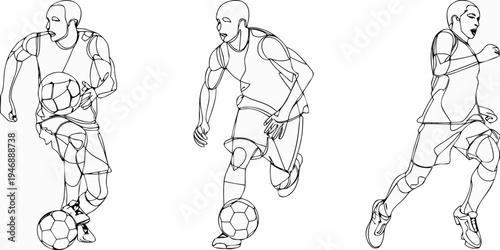 Three stylized figures depict basketball and soccer players in line art