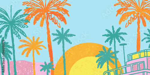 Stylized illustration of palm trees a sun and a coastal building