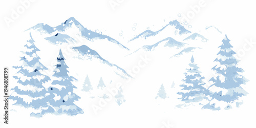 Watercolor illustration of snow covered mountains and coniferous trees