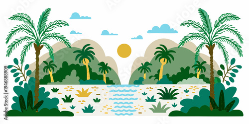 Tropical island landscape with palm trees mountains and a golden sun