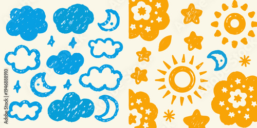 Childlike drawing of blue clouds and orange suns with stars