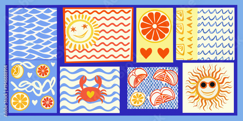 Colorful collage featuring summer motifs sun waves citrus and sea creatures