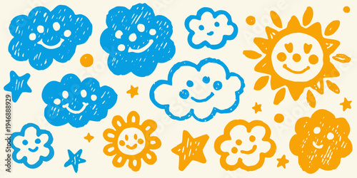 Child s drawing of smiling clouds suns and stars with vibrant colors