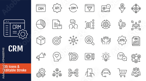 Customer Relationship Management Icon set. CRM icon set. Includes marketing, data, report, strategy, audience, manager, and more. Outline icon with Editable stroke. Vector illustration