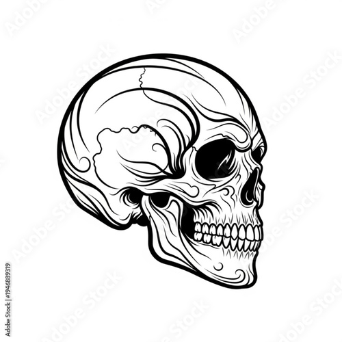 A black and white illustration of a human skull