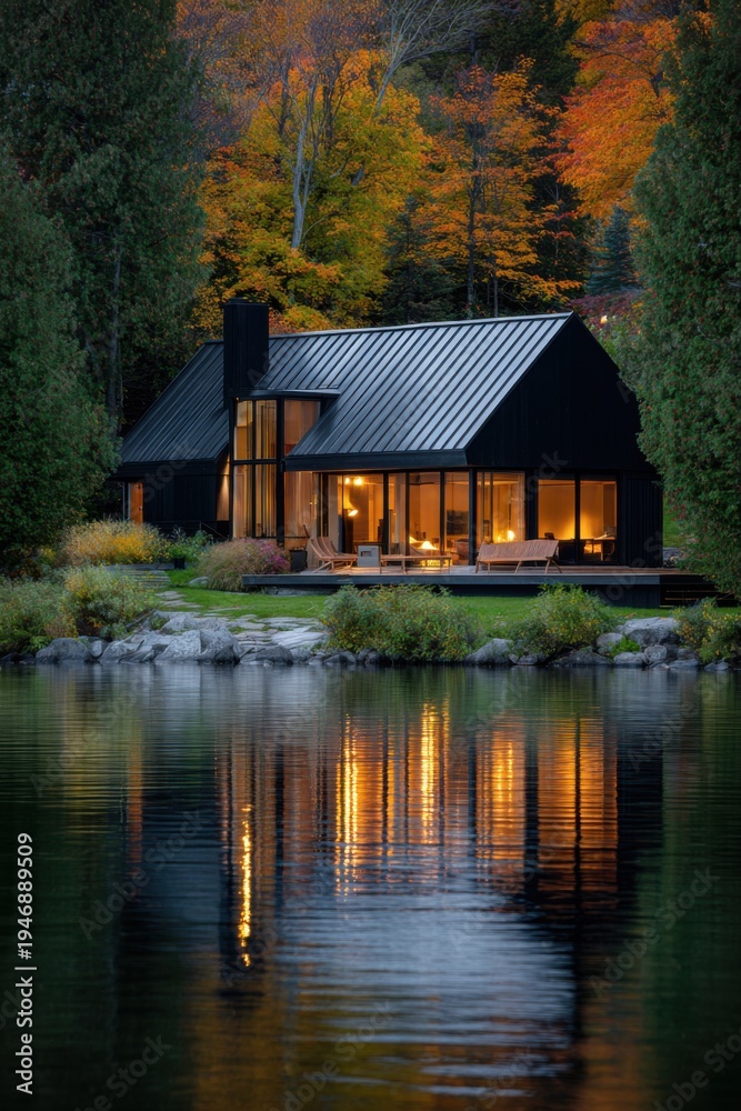 Obraz premium People enjoy an evening at a modern black house near a lake surrounded by trees with lights reflecting on the water at dusk in autumn