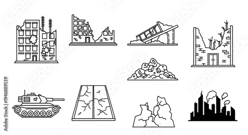 Illustrations of War-Torn Buildings and Military Tank.
