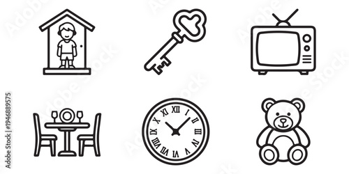 Vintage Home and Childhood Line Icon Set - Retro Objects and Domestic Symbols