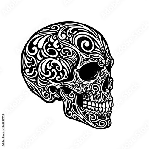 Intricately designed sugar skull with swirling patterns