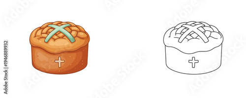 Easter cake cartoon illustration with cross symbol in brown and beige colors representing traditional holiday food and bakery for coloring activity