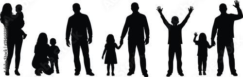 Family silhouettes with parents and children standing, holding hands and waving, happy family lifestyle concept isolated on light background for parenting and togetherness design