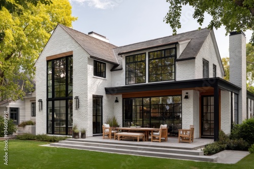 A contemporary house featuring expansive windows and an inviting patio, beautifully set within a meticulously landscaped yard in a serene suburban neighborhood, showcases the charm of daytime