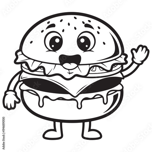Cheerful Cartoon Hamburger Character Waving Hand