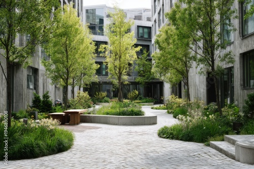 Green space in urban area with pathways and trees surrounded by buildings in a residential setting during daylight hours