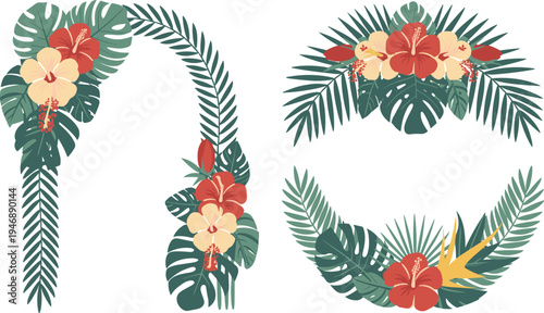 Tropical floral border designs with palm leaves and hibiscus flowers