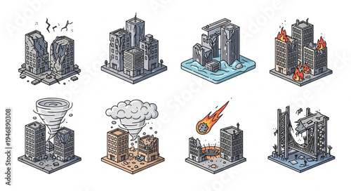 Isometric Pixel Art City Destruction Set - Tornado, Meteor, Earthquake.