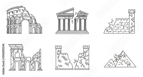 Ancient Architectural Ruins - Colosseum, Parthenon, and Pyramids in Sketch Style.