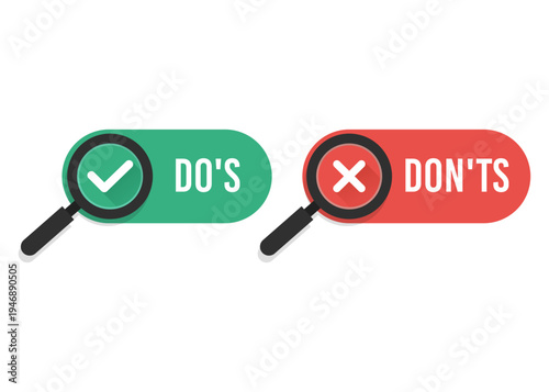 Dos and donts comparison with magnifying glass icons stock illustration.