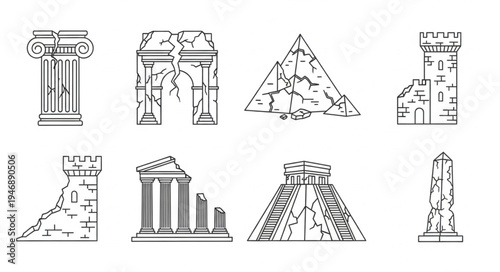 Ancient Ruins Line Art Collection - Architectural Heritage and Historical Landmarks.
