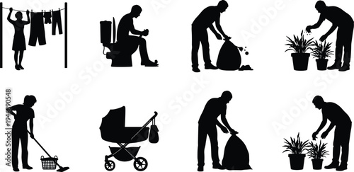 Household chores silhouettes collection with people cleaning, gardening, laundry and waste disposal activities isolated on light background for home lifestyle and daily routine concept