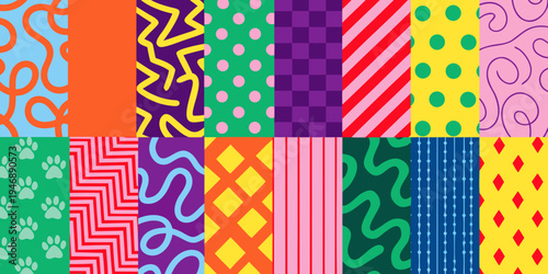 The overall aesthetic is vibrant and playful, showcasing a variety of geometric and organic repeating designs in a broad spectrum of colors.
