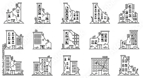 Collection of Damaged Buildings in Line Art Style.