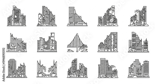Collection of Ruined Cityscape Illustrations - Post-Apocalyptic Urban Decay.