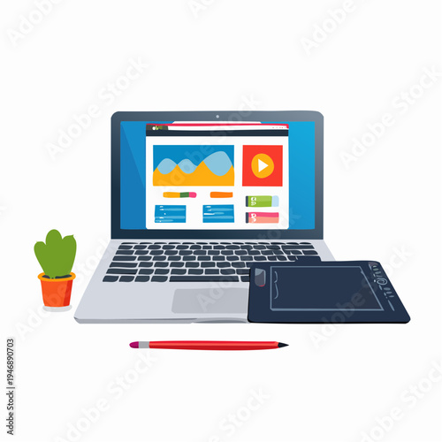 Digital workspace with laptop, drawing tablet, and stylus for design and creativity