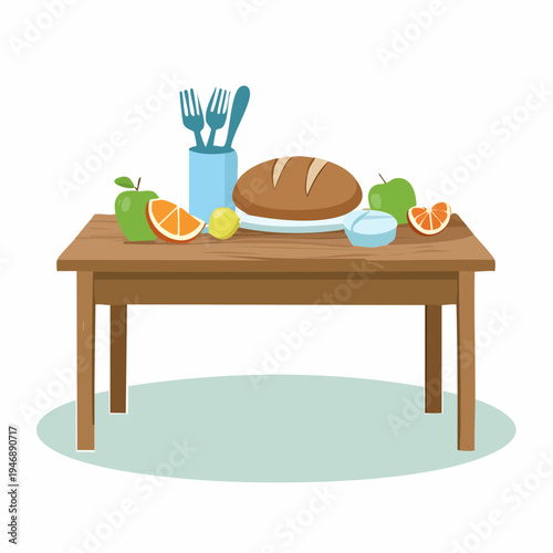 Freshly baked bread with fruits and cutlery on a wooden table