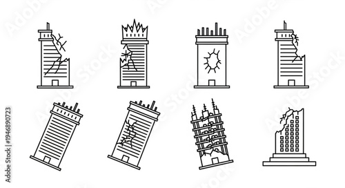 Damaged Buildings - A Collection of Line Art Illustrations.