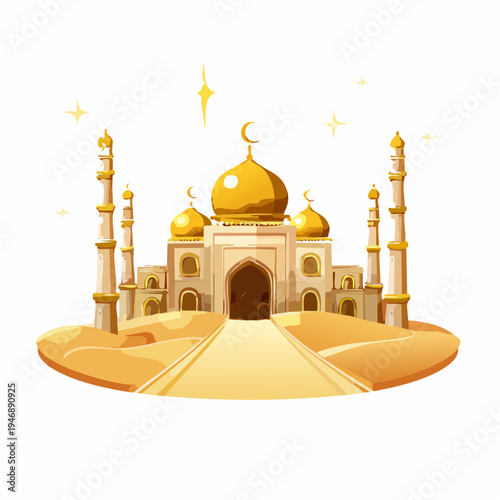 Golden Taj Mahal monument in an exotic desert landscape with bright starry elements