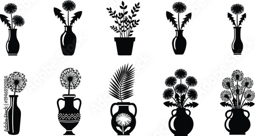 Collection of floral vase silhouettes with decorative flowers, minimalist black and white design, creative botanical artwork, vector illustration for decoration projects