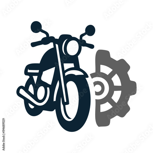 Logo taller mecánico de motos. Icono con dibujo de motocicleta en perspectiva con engranaje