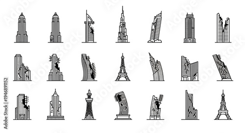 Skyscrapers and Landmarks - A Collection of Architectural Icons in Line Art.