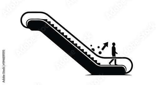 man going up escalator with rising arrow