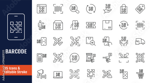 Barcode icon set. Outline icon with Editable stroke. Vector illustration