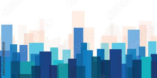 A blue cityscape illustration featuring a downtown skyscraper skyline and urban architecture design set against a night sky panorama with business tower silhouettes and metropolis buildings