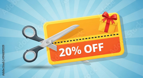 Scissors Cutting a 20 Off Coupon for Savings and Discounts.