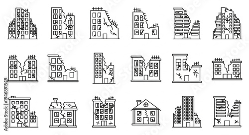 Collection of Damaged Buildings - Post-Disaster Architectural Sketches.
