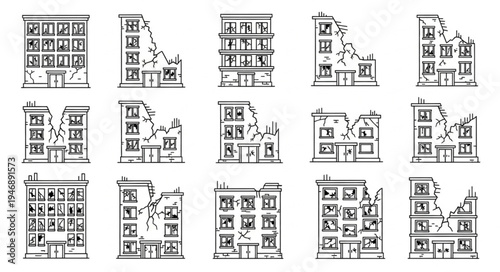 Collection of Ruined Buildings Sketches - Post-War Architecture and Urban Decay.