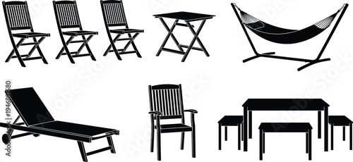 Outdoor furniture silhouettes collection including folding chairs, lounge chair, table set and hammock isolated on light background for garden, patio and backyard design