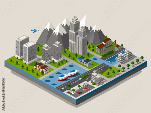 Isometric cityscape featuring modern buildings waterways and distant mountains