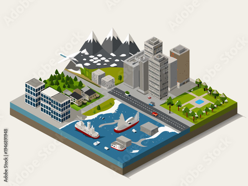 Isometric illustration of a coastal city with mountains and harbor activity