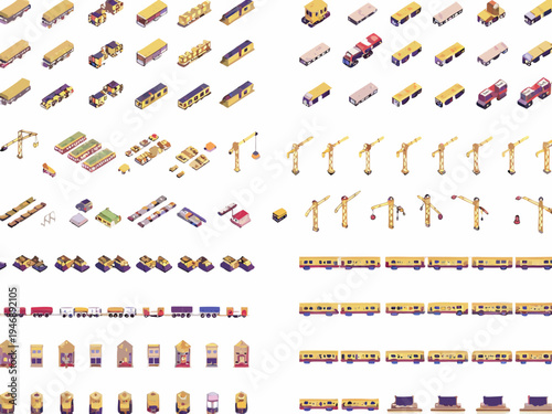 Isometric collection of various vehicles construction equipment and buildings
