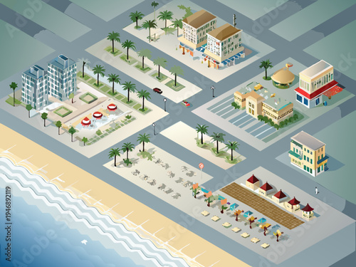 Isometric illustration of a coastal town featuring a beach buildings and palm trees