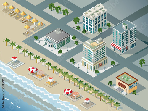 Isometric illustration of a coastal city with beach buildings and palm trees